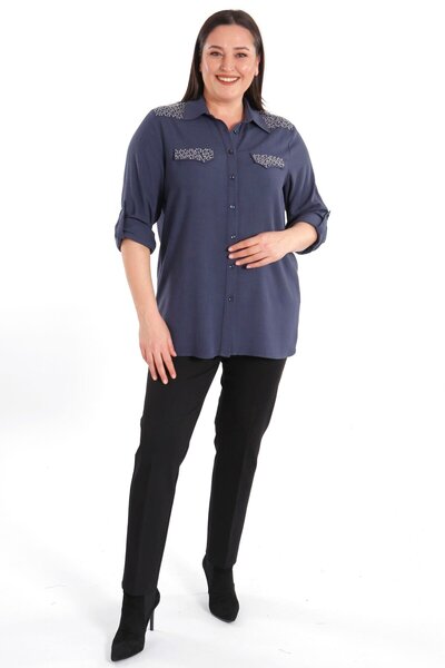 Metpoint Trend42Plus Large Size Stone Printed Navy Blue Woven Shirt