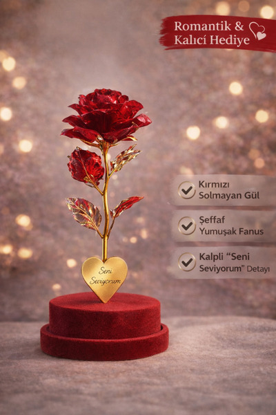 Mareluxe Fanus İçinde Kırmızı Solmayan Yapay Gül “Seni Seviyorum” Yazılı Kalp...