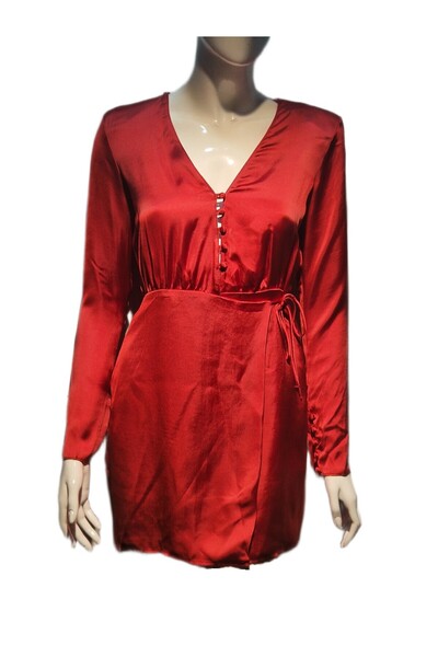FASHION Red satin dress, long sleeve, casual/elegant, with buttons and lace, ...
