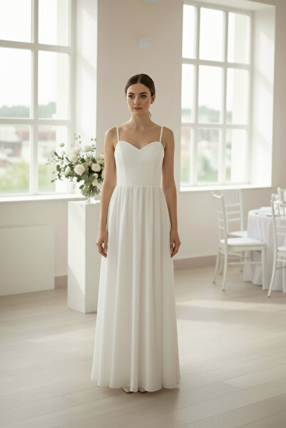 ENDAMIM Sweetheart Neckline Chiffon Wedding Dress with Straps Long A-Line Lin...