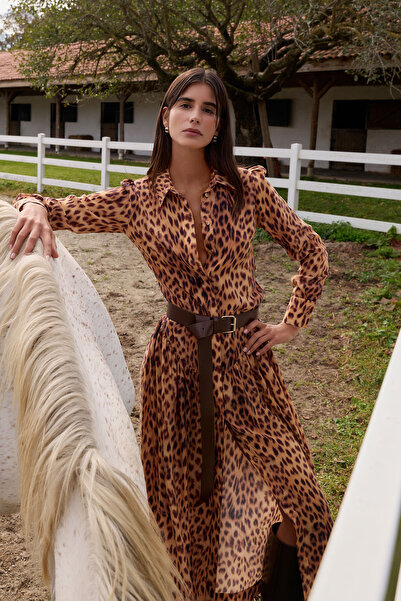 Dahlia Bianca Kamala Uzun Leopar Desenli Elbise