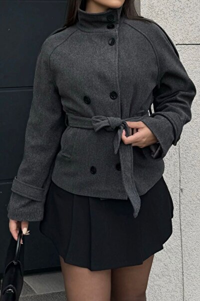 gm giyimarket Women's Zr Model Belted Stand Collar Short Cashmere Coat