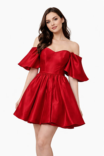 incitanesii Omuz Dekolteli Saten Mini Abiye Elbise Volan Kollu