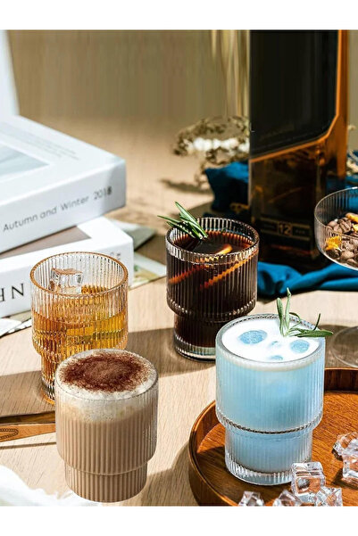 1Chase Set of 4 - Ribbed Drinking Glasses with Glass Straw 330ml