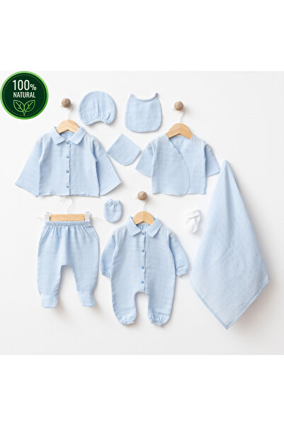 tinibud Yenidoğan Bebek Mavi %100 Pamuk 10’lu Müslin Hastane Çıkışı Seti – Şı...