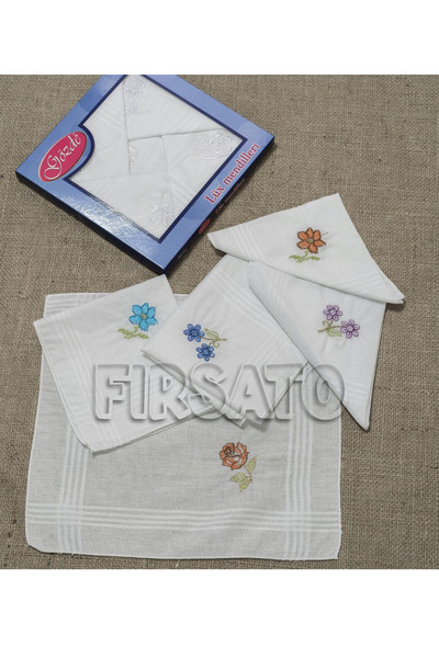 Fırsato Nakışlı Kumaş Kadın Mendili Renkli Nakışlı 28x28cm, 12adet, %100 pamu...
