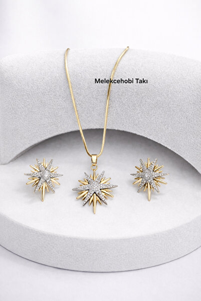 staınless steel 14 Ayar Altın Kaplama Zirkon Taşlı Kutup Yıldızı Kolye Küpe T...