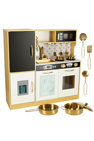 Ikonka Bucatarie din lemn pentru copii, Gold, utilata cu frigider, aragaz, cu...