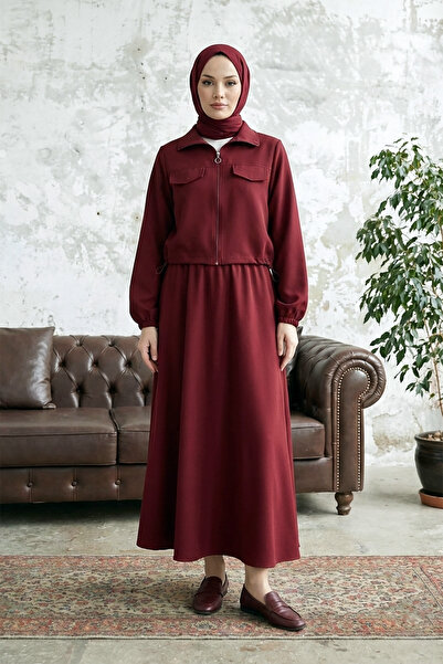 MODAQU Zippered Waist, Elastic Sleeves, Dabl Fabric Double Set - Burgundy