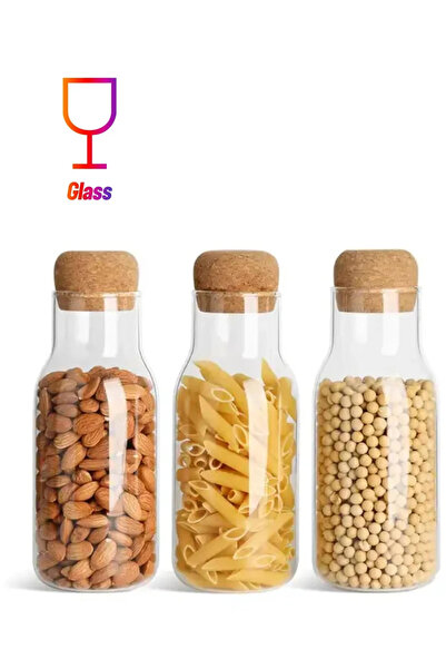 1Chase 3-Piece Borosilicate Glass Storage Jar with Cork Lid-Cork Stopper 750ml