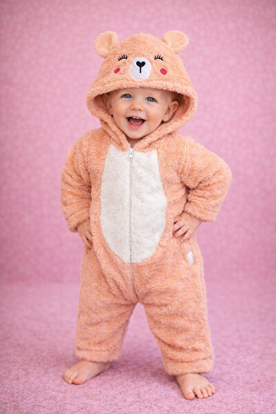 Chicsy Baby Winter Sweet Teddy Bear Figured Hooded Plush Baby Jumpsuit