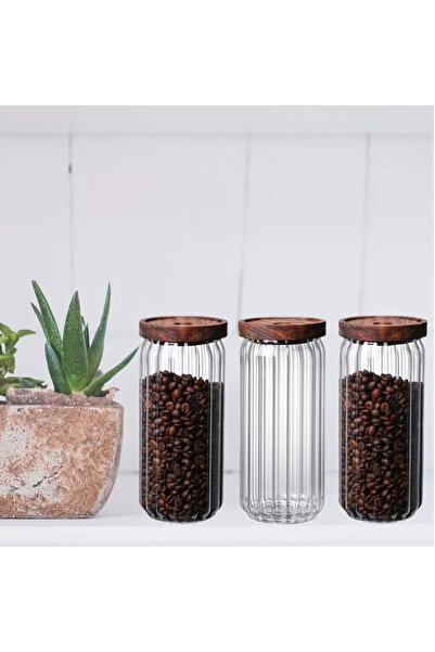 1Chase 3-Piece Borosilicate Stripe Glass Food Storage Jar With Acacia Wood Ai...