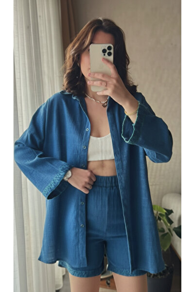 My Blog Petrol Blue Gofre Fisto Detail Shorts Set