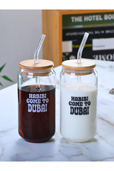 1Chase Set of 2 -Habibi Come to Dubai Borosilicate Sipper Glasses, 550ml