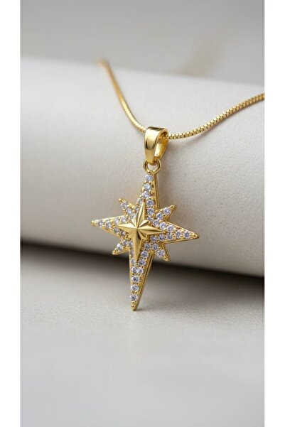 Universal 925 Ayar Gümüş Altın Kaplama Zirkon Taşlı Kutup Yıldızı Kolye - Kuz...