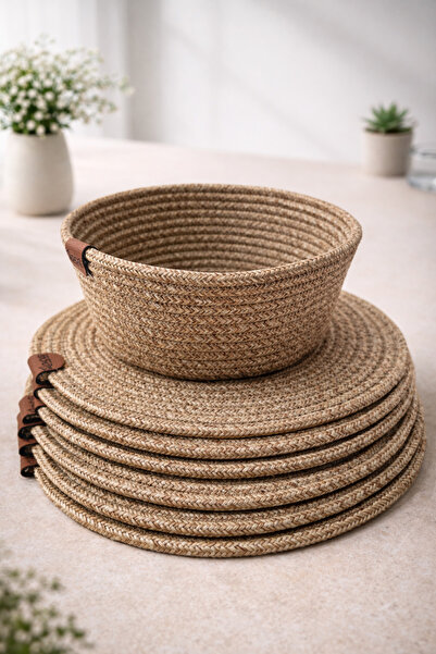 loca sweet home Hasır Amerikan Servis-Supla 6’lı Yuvarlak Set + Ekmek Sepeti-...