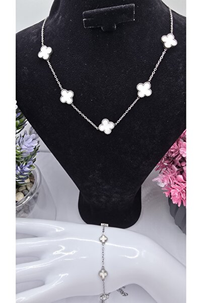 ahsenaksesuar2025 Beyaz Yonca Van Cleef Çelik Set - Büyük Kolye Küçük Bilekli...