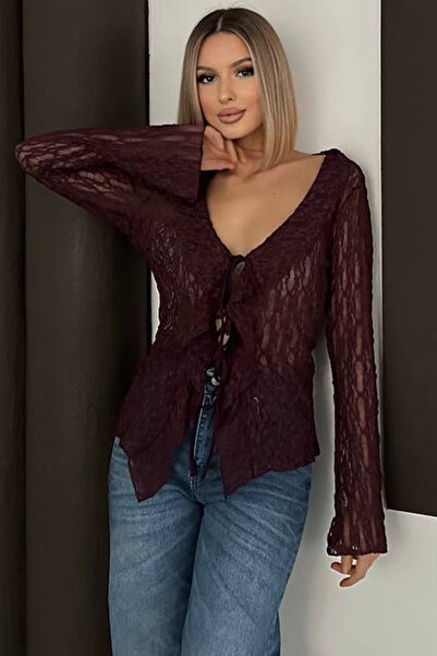 Trend Alaçatı Stili Women's Burgundy Lace Textured Tie Detail V-Neck Blouse V...
