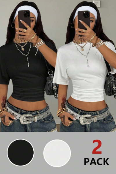 Tarz Cool Tricou crop cu mânecă scurtă alb-negru pentru femei – Decolteu tip ...