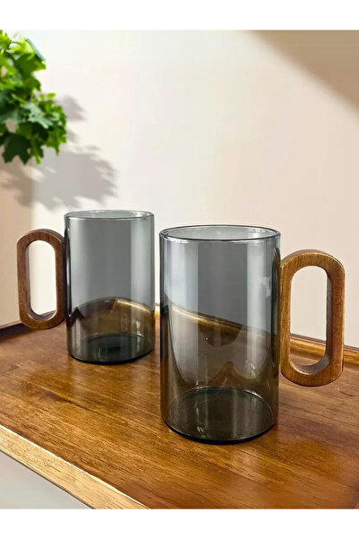 1Chase Set of 2- Borosilicate Glass Mug with Walnut Acacia Wooden Handle 350ml