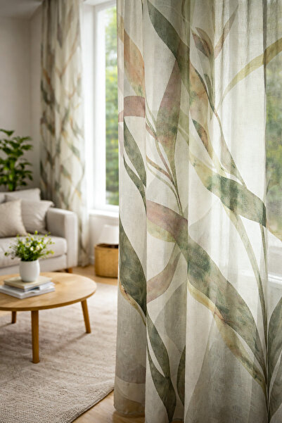 QUBA DECO Floral Patterned Green Stylish Natural Linen Textured Tulle Curtain Living Room Bedroom Children's Room