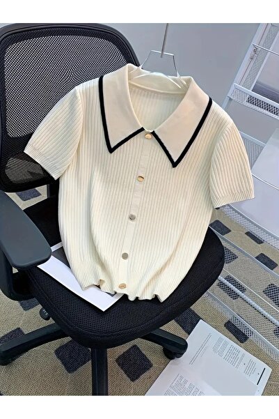 NATUFIAN STORE Women's Polo Collar Contrast Buttoned Knitwear Women's T-Shirt