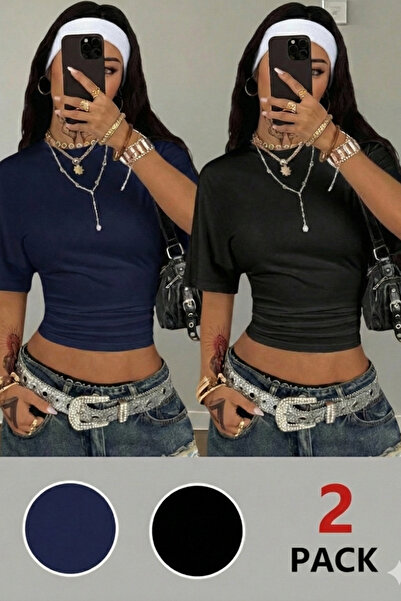 Tarz Cool Tricou crop cu mânecă scurtă pentru femei, negru-albastru marin – D...