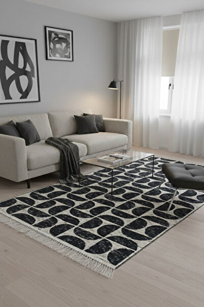 Lorvian Noletti Siyah Modern Geometrik Desenli Kilim – Makinede Yıkanabilir