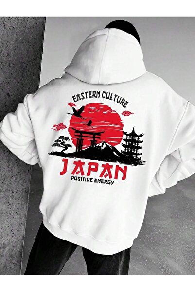 OVER HEAD هودي رياضي أبيض للرجال مطبوع عليه 3 خيوط من إيسترن جايبان، مقاس كبير