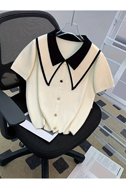 NATUFIAN STORE Women's Long Collar Contrast Buttoned Knitwear Women's T-Shirt