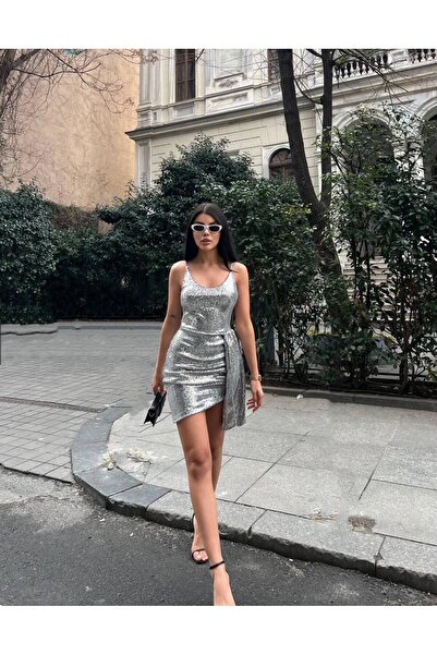 ÇEÇİM Kadın Askılı Payetli Drapeli Mini Elbise NSA-58050