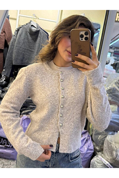 Melissatelier Soft Textured Silver Buttoned Women's Cardigan Mink