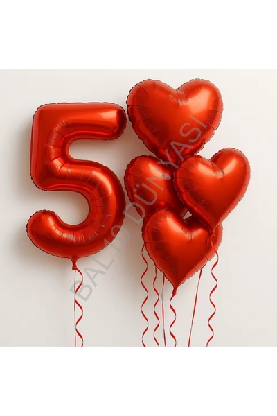 BEST PARTİ Kırmızı Rakam Kalp Folyo Balon Seti Yaş-5
