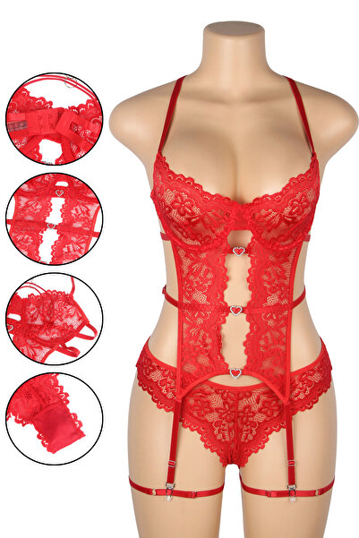 Lingerie and Fashion Style طقم لانجري دانتيل أحمر مع أربطة جوارب