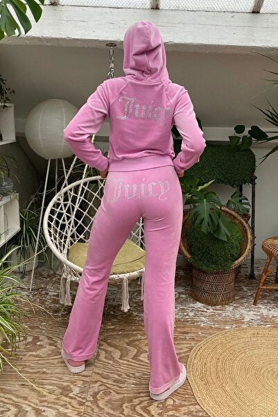 DEEFWEAR Women's Pink Stone Slim Fit Velvet Tracksuit Set Juicy Style Y2K