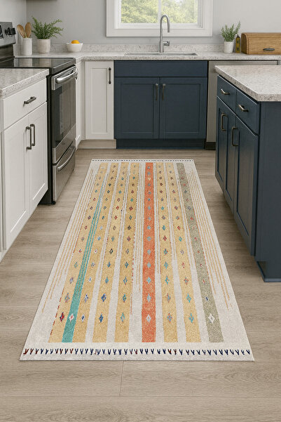 DOREM DİJİTAL BASKILI Kaymaz Taban Yıkanabilir Modern Mutfak Halısı Salon Hal...