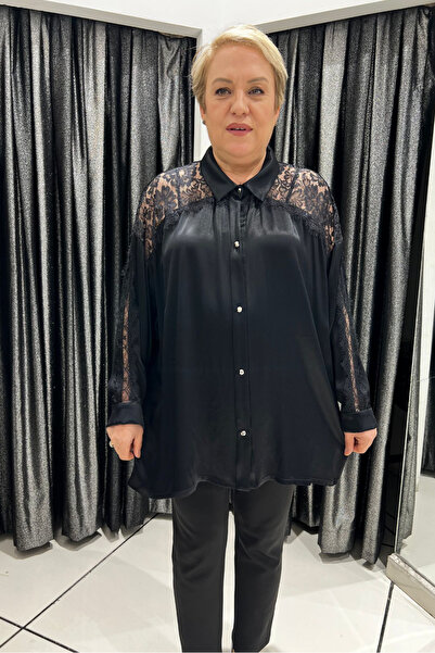 selma Büyük Beden Parlak Saten Gömlek – Dantel Detaylı