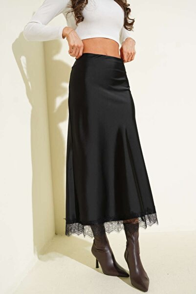 solena sln Fusta de damă din satin negru, lungime midi, cu șliț la spate, tal...