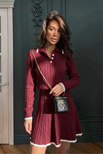 SAYZEN Polo Collar Braided Sweater-Skirt Knitwear Set