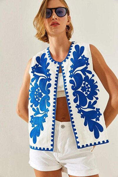 Septemmart Cobalt Blue Ethnic Embroidered 100% Cotton White Bohemian Vest