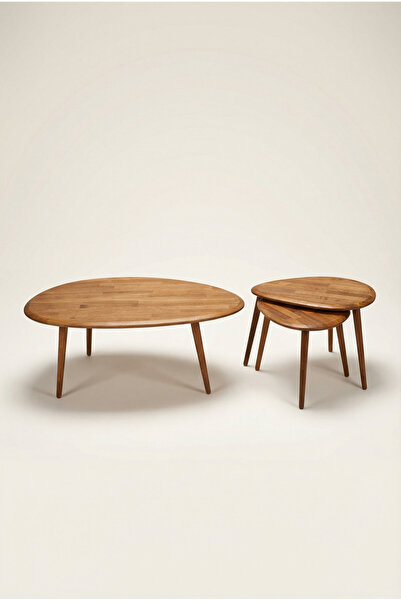 Fawdecor Masif Ahşap Asimetrik Orta Sehpa ve 2’li Zigon Yan Açık Meşe Sehpa Seti