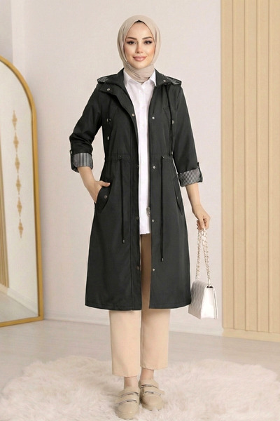 Kirazgym Women's Striped Lined Trench Coat - Black