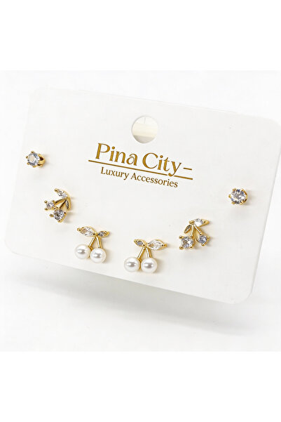 PinaCity Zirkon Taşlı Altılı Set Küpe,Kirazlı