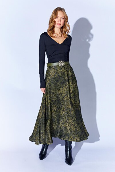 TENA Women's Green 3499 Belted Satin Long Skirt