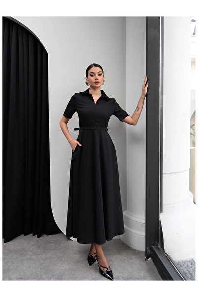 ESRAHELVACI فستان واسع بياقة قميصية وحزام وسحاب نصف شفاف