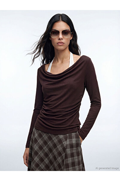 LC Waikiki Μπλούζα μπορντό με λαιμόκοψη καγιάκ και κορδόνι περίσφιξης