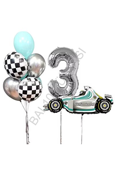 BEST PARTİ Silver Number Race Car Birthday Party Set Age-3