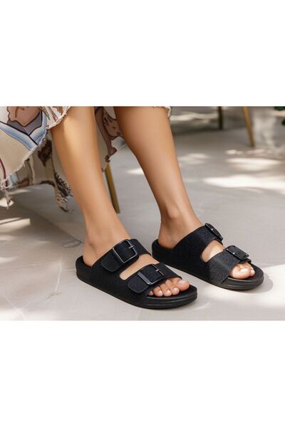 Budaks Women's Black Glittery Double Buckle Thick Sole Slippers