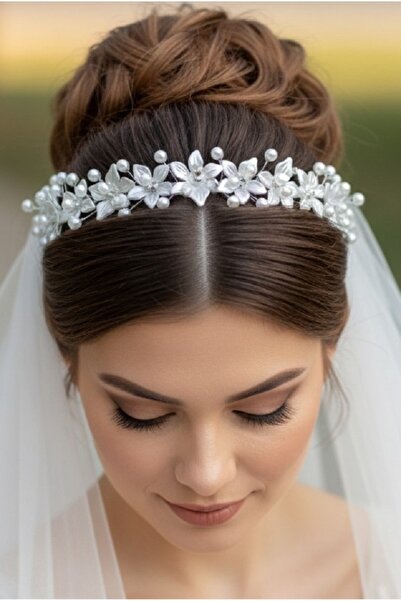 Tugiba Çiçekli İncili Gelin Aksesuarı, Nikah, Nişan Saç Aksesuarı, Tokası ve ...
