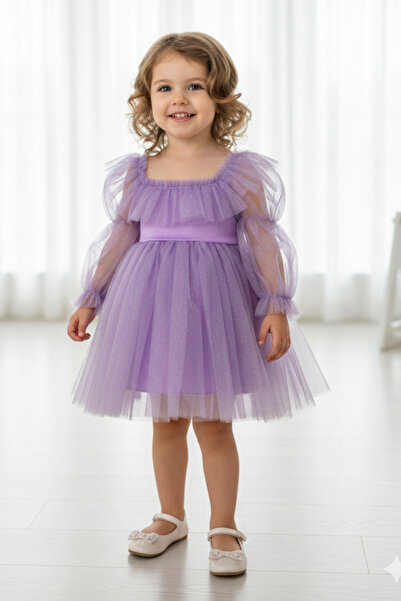 Bertuğ Bebek Ruffled Satin Girls' Baby Tulle Lilac Dress